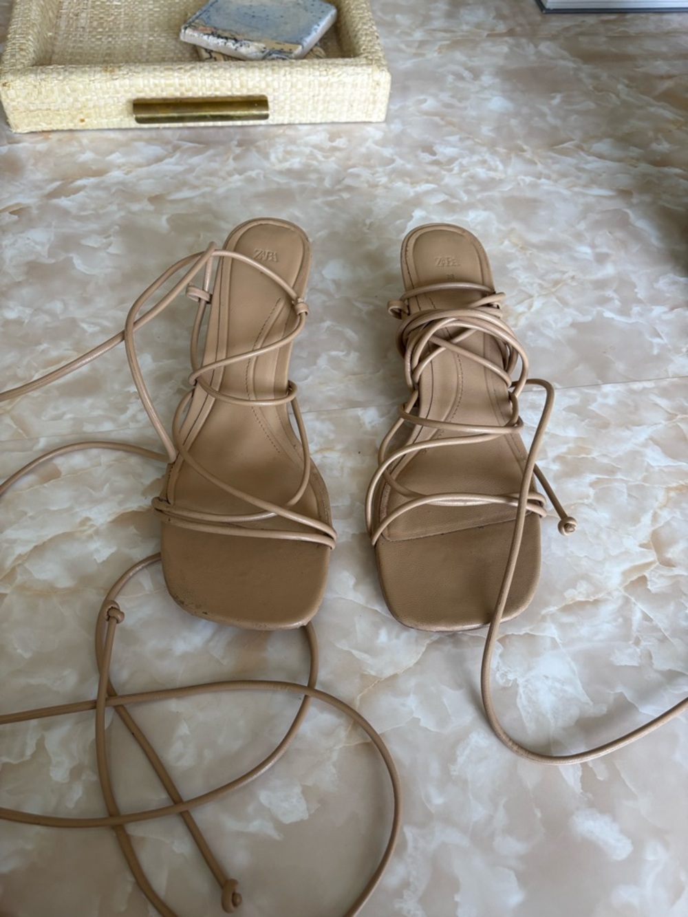 Zara Nude Lace-Up Square Toe Heeled Sandals
